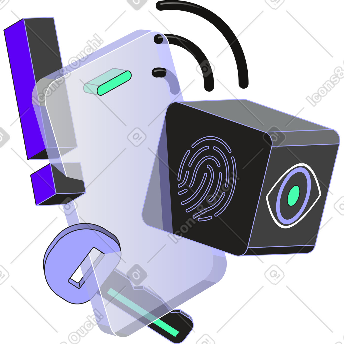 Ilustración Teléfono inteligente y llave huella digital en estilo Incut a descargar en PNG SVG