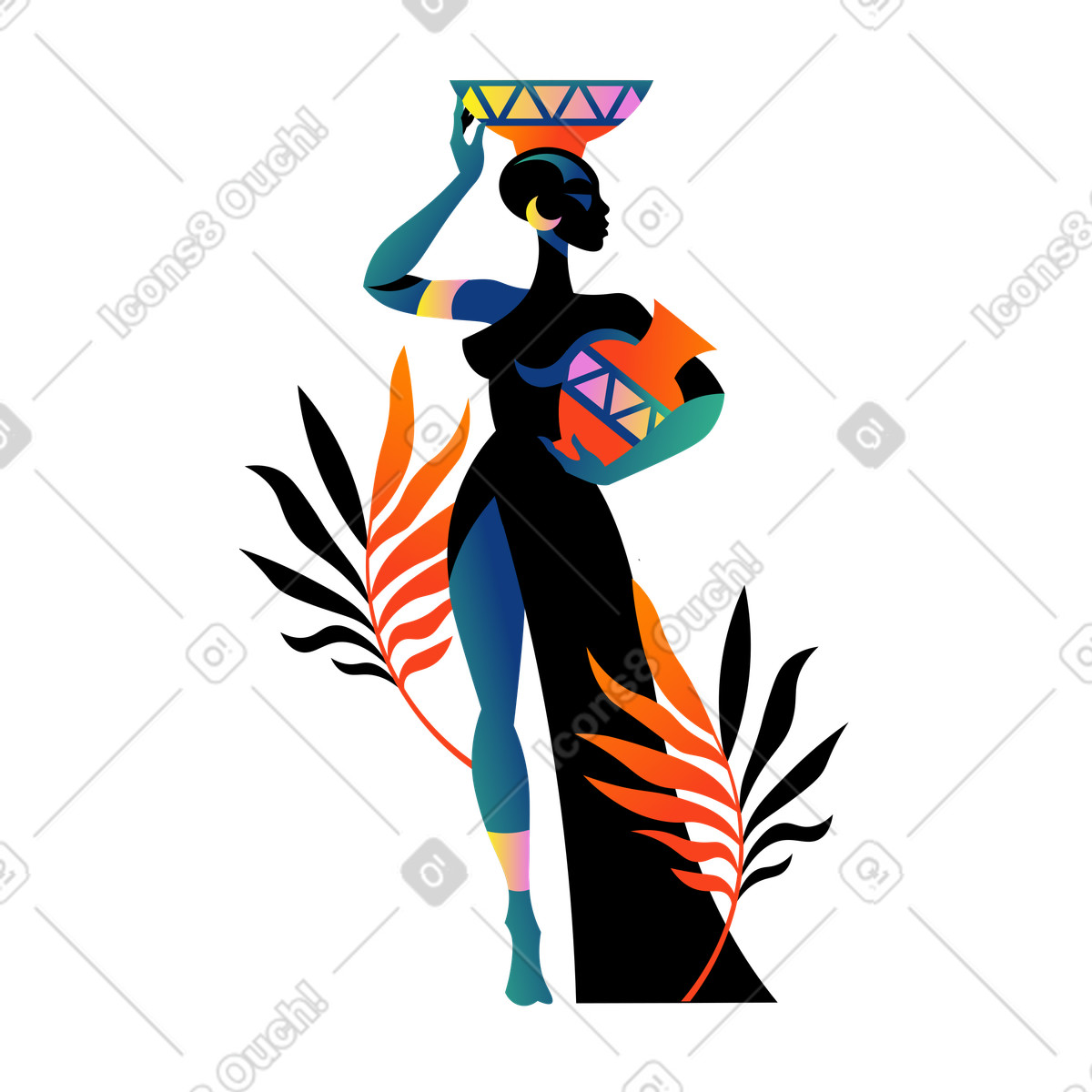 Illustration Femme africaine debout avec des cruches dans le style Amani à télécharger aux formats PNG, SVG