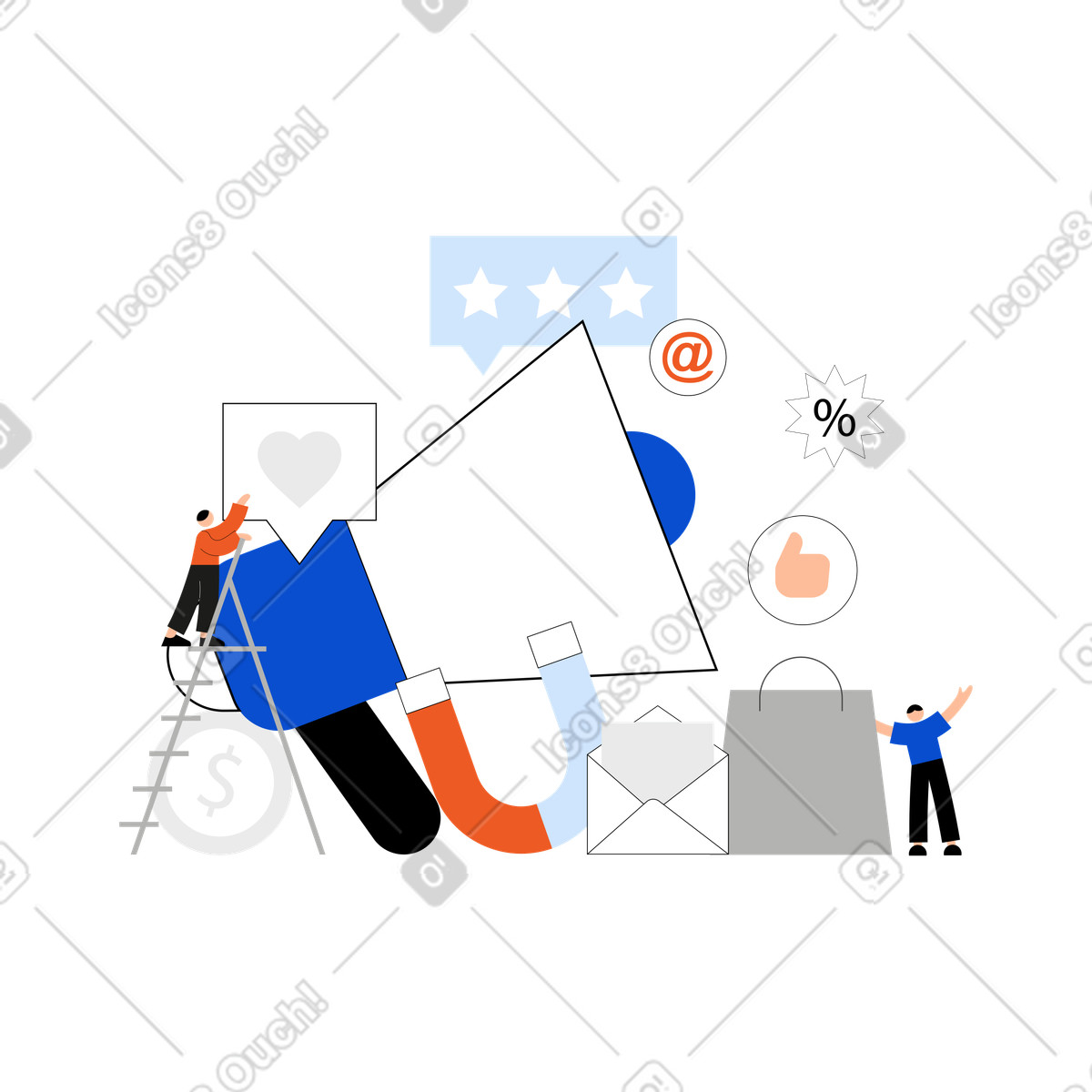Illustration Marketing et publicité avec engagement client dans le style Tiny à télécharger aux formats PNG, SVG