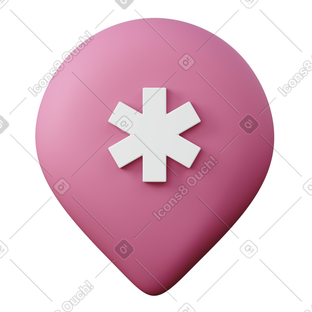 Pink hospital location pin with medical asterisk symbol illustration in 3D Sugary style download in PNG, SVG