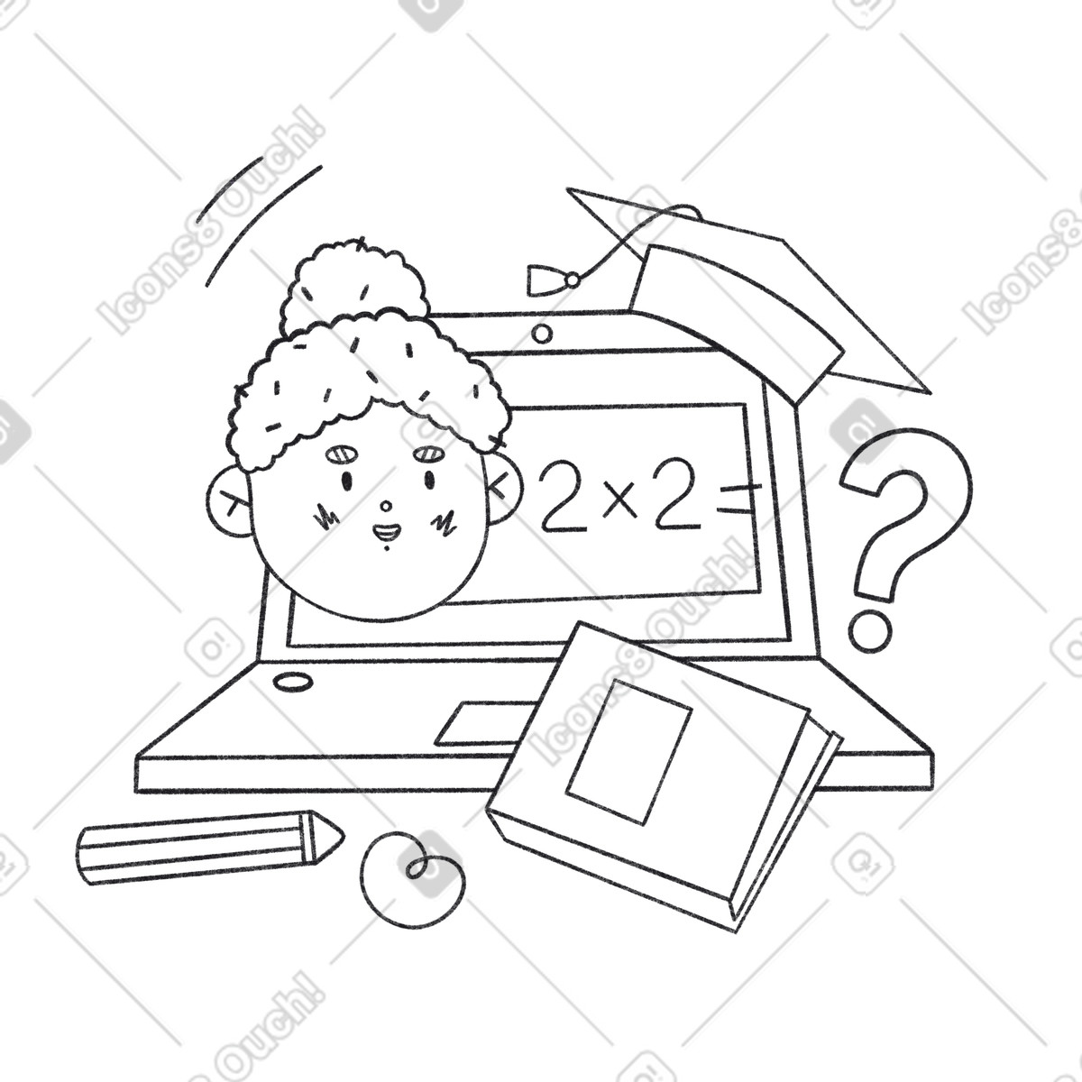 Illustration Un professeur explique une leçon de mathématiques en ligne dans le style Bonbon Line à télécharger aux formats PNG, SVG