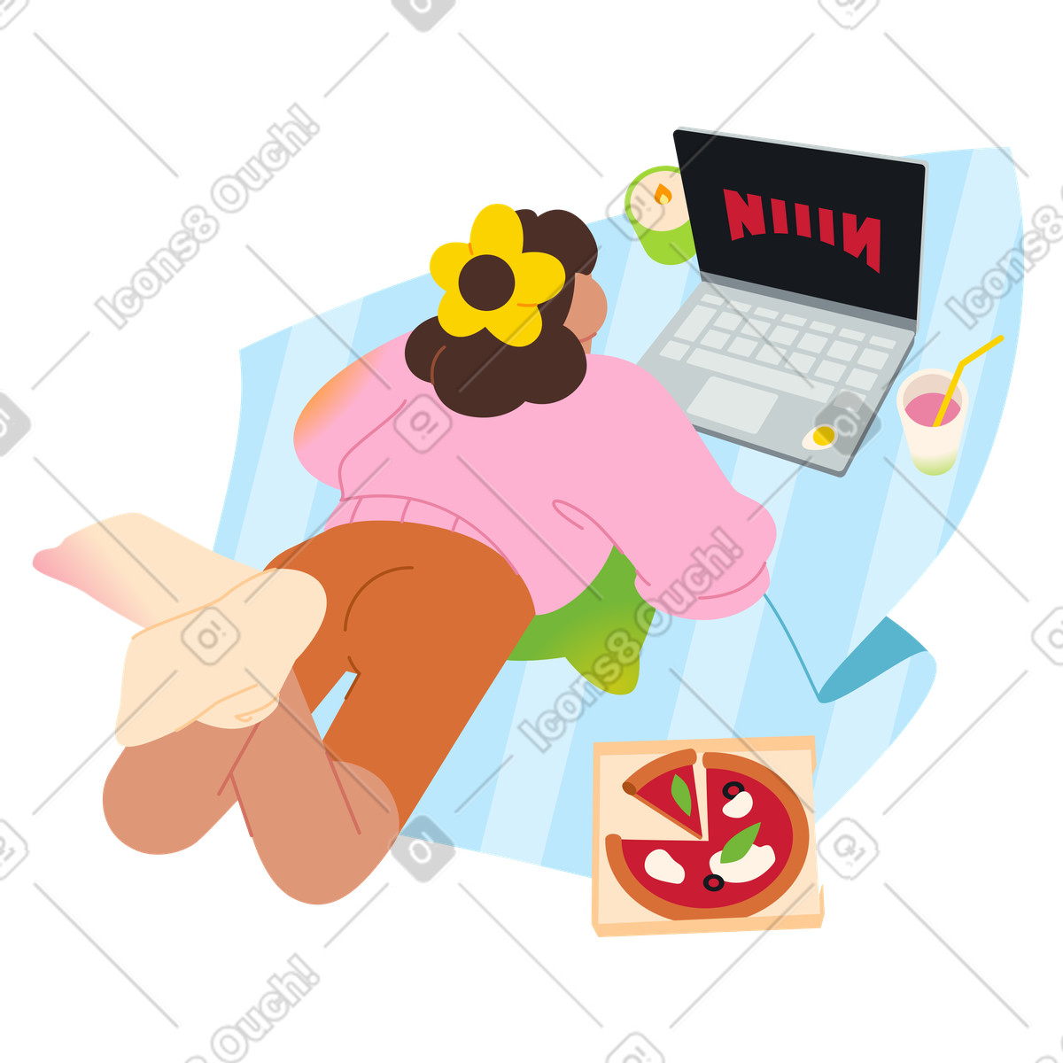 下载 Fizzy 风格的 Cozy movie night at home with pizza, binge watching or leisure 插画，支持 PNG、SVG 格式
