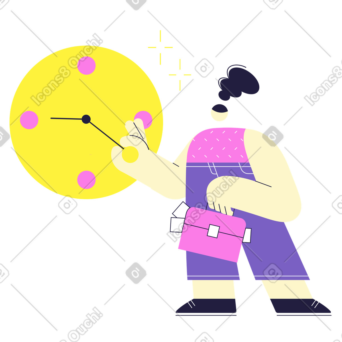 Woman adjusts hand of clock illustration in Mellow style download in PNG, SVG