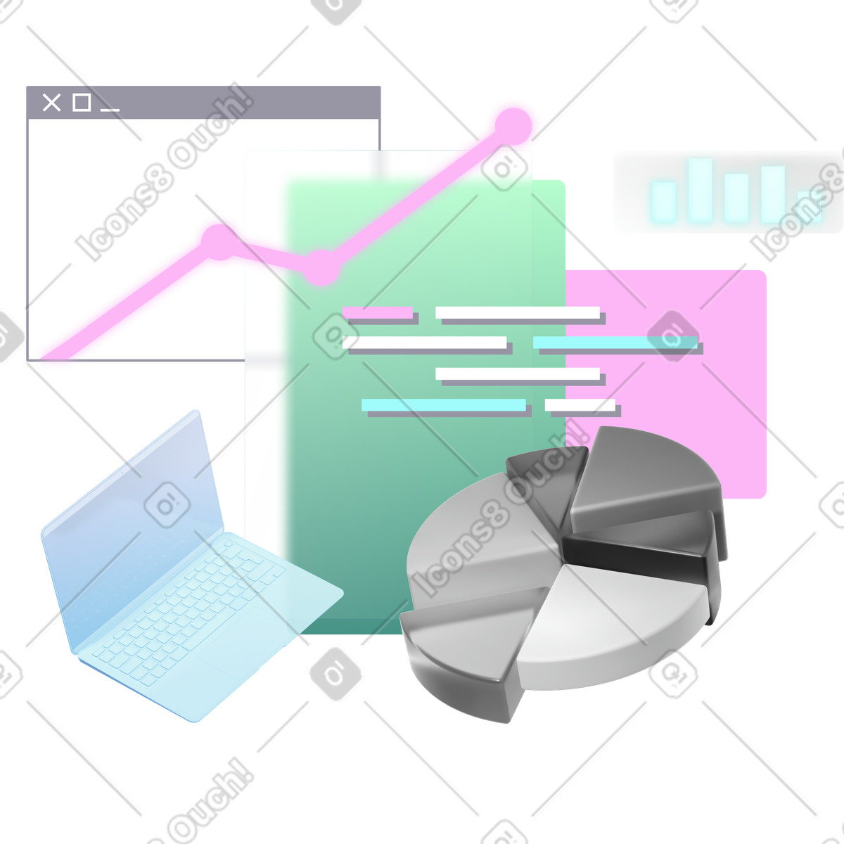 Data analytics with pie chart and line graph illustration in Chromed style download in PNG, SVG