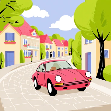 A red Porsche 911 is driving along a winding cobblestone street in a quaint rural village. The scene features charming houses with colorful facades, adorned with flower boxes under the windows. Lush green trees line the sides of the street, casting dappled sunlight on the pavement. In the background, a blue sky with fluffy white clouds completes the picturesque setting. A few villagers can be seen walking along the sidewalks, adding life to the scene.