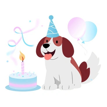 A dog wearing a colorful party hat sits excitedly next to a small round cake with a single candle on top. The cake is decorated with pastel frosting and sprinkles, giving it a festive appearance. The background features a few streamers and balloons in gradient pastel colors, enhancing the celebratory atmosphere of the scene.