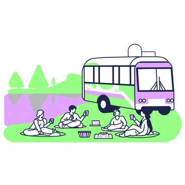 A bus is parked on a grassy area near a lake. The bus is painted with various colors, and it has large windows. In the foreground, several passengers are enjoying a picnic. They are sitting on a green blanket spread out on the grass. Some are holding sandwiches, while others are sipping from purple cups. Nearby, there are picnic baskets and a small cooler. The surface of the lake reflects the surrounding scenery, and a few trees line the shore in the background.