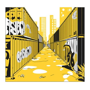 A narrow city alley lined with multiple shipping containers. The containers are covered in intricate black and white street art and graffiti featuring various patterns and designs. Some containers have bold, graphic shapes while others display stylized lettering. The ground is littered with a mix of urban debris and small plants growing through cracks in the pavement. A faint hint of light filters through tall buildings, casting shadows on the containers.