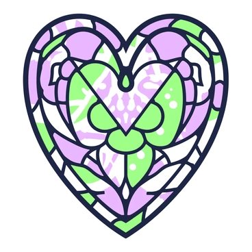 A heart shape is displayed, resembling a stained glass window. The heart is filled with intricate designs that mimic the look of colored glass panes, featuring various patterns and shapes. These designs include floral motifs and geometric patterns, creating a complex visual texture. The edges of the heart are lined with a delicate frame that accentuates its structure. Light appears to filter through the heart, highlighting the details of the intricate designs within.