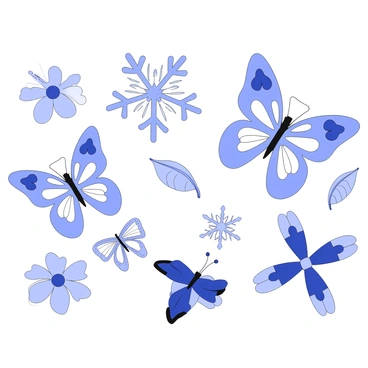An illustrated scene showcasing symmetry in nature. In the foreground, a pair of butterflies with identical wing patterns are resting on vibrant flowers. Each butterfly has intricate designs on their wings that mirror each other perfectly. Nearby, a delicate snowflake rests on a leaf, displaying symmetrical branches radiating from its center. In the background, a calm pond reflects the surrounding trees, creating a mirrored effect on the water's surface. The overall composition emphasizes the beauty of symmetrical forms found in the natural world.