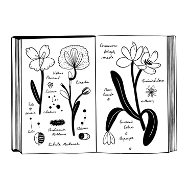 A vintage page from a botanical book displaying detailed black-and-white illustrations of various flowers. Each flower is labeled with its name in elegant cursive font. The illustrations feature intricate depictions of petals, leaves, and stems, showcasing their unique structures. Around the flowers are additional notes and sketches of their reproductive parts, enhancing the educational aspect of the page. The overall layout is organized, creating a harmonious arrangement of botanical details.