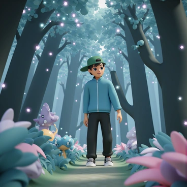 A trainer, wearing a green cap, a blue jacket, and black jeans, is walking cautiously through a mystical forest. The forest is dense with tall, ancient trees that have vibrant, luminescent leaves. Among the trees, various rare Pokémon are partially visible, peeking out from behind the foliage. Some Pokémon have brightly colored scales, while others have fluffy fur and sparkling eyes. The trainer is glancing around, with a look of curiosity and excitement on their face, as they tread carefully over a carpet of soft, mossy ground. The atmosphere is filled with a magical glow coming from the Pokémon and the plants surrounding them.