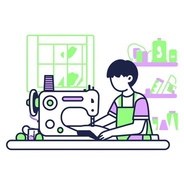 A child is seated at an old sewing machine in a small workshop. The child has short hair and is wearing a colorful apron over a t-shirt. The sewing machine is made of metal with intricate designs and is positioned on a wooden table. Spools of thread in various colors, including green and purple, are scattered around the workspace. In the background, there are shelves filled with fabrics and sewing tools. Sunlight filters in through a window, illuminating the scene. The child is focused on guiding a piece of fabric under the needle of the sewing machine.