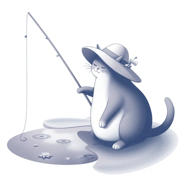 A hefty cat with a rounded body and thick fur is sitting by a calm pond. The cat is wearing a fishing hat, which has a wide brim and is adorned with a small lure attached to the side. In front of the cat, there is a fishing rod that leans against the ground, the line extending into the water. The pond reflects the surrounding greenery, and there are a few water lilies floating on the surface. The cat appears relaxed, with its tail curled around its body and ears perked up, as if waiting for a fish to bite.