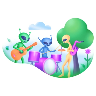 A colorful scene in a park featuring a group of extraterrestrials, or ETs, engaging in music. There are three ETs, each playing a different musical instrument. One ET, with green skin and large eyes, is strumming a bright orange guitar. Another ET, with blue skin and antennae, is playing a set of shiny purple drums. The third ET, with a yellow hue and a long neck, is blowing into a vibrant red saxophone. They are surrounded by lush green trees and a clear blue sky, and a few flowers bloom nearby, adding splashes of color to the setting.