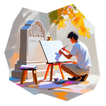 An artist with medium skin and short curly hair is kneeling beside an ornate gravestone, carefully placing a sheet of paper over intricate carvings. The gravestone features detailed floral motifs and inscriptions, showcasing craftsmanship of an earlier time. The artist holds a piece of charcoal in one hand, lightly rubbing it across the paper to capture the textures of the carvings. Sunlight filters through the trees, creating dappled shadows on the ground around the artist. A small wooden stool is beside them, holding extra sheets of paper and a few other art supplies.