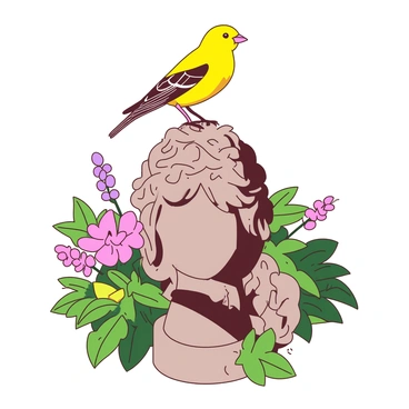A yellow finch is perched gracefully on the head of an ornate garden statue. The statue features elaborate carvings of flowers and vines, showcasing intricate details in its design. The finch's feathers are bright and vivid, standing out against the muted tones of the stone statue. Surrounding the statue, vibrant green leaves and colorful blooming flowers add to the lush garden atmosphere, creating a harmonious scene. The sunlight casts gentle shadows, enhancing the textures of both the finch and the statue.