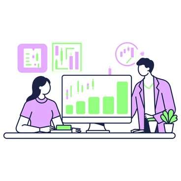 Two people are seated at a sleek, modern office desk. One person, a man with short hair, is wearing a crisp suit and is facing the other person. The second person, a woman with long hair tied back, is wearing a professional blouse. Both individuals are looking intently at a large computer screen in front of them. The screen displays financial graphs and charts with various data points. Surrounding them are office supplies neatly arranged, including a green notepad and a purple pen. A potted plant is placed on the desk, adding to the contemporary atmosphere. The walls are adorned with minimalist art pieces, enhancing the modern office setting.
