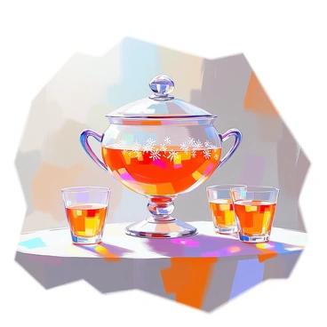 A large, ornate crystal punchbowl filled with a vibrant, colorful punch sits at the center of the composition. The punchbowl features intricate cut designs that reflect the light beautifully. Surrounding the punchbowl are several matching small crystal glasses, also decorated with similar cut patterns. The glasses are filled with the same vivid punch, showcasing shades of orange, red, and yellow. The arrangement is set on a polished wooden table, enhancing the overall elegance of the scene.