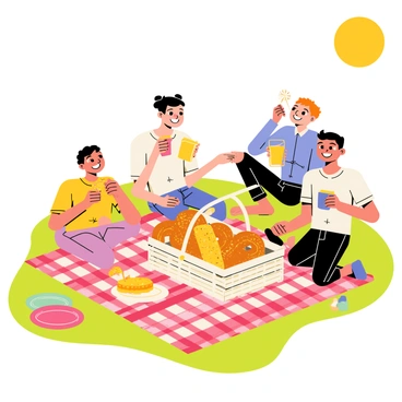 A family gathered on a green lawn under a bright sun, enjoying a picnic. The scene features a red-and-white checkered blanket spread out on the grass. In the center of the blanket, there is a wicker picnic basket overflowing with various flavored bretzels, including pretzels coated in sesame seeds, ones topped with cheese, and a sweet cinnamon variety. The family members, including two children and two adults, are smiling and laughing together. One child is holding a bretzel up to their mouth, while the other is pouring lemonade into cups. Nearby, there are a few colorful plates and napkins scattered around, enhancing the cheerful atmosphere of the picnic.