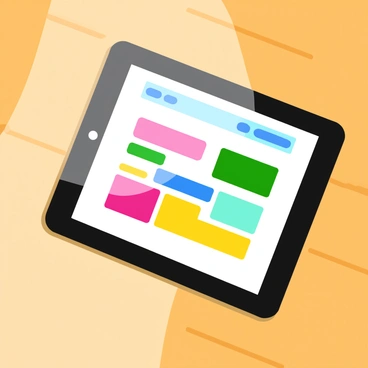 A tablet displaying a website mockup with a sleek and modern user interface. The screen features a vibrant layout with colorful buttons and clear typography. The design includes sections for images, text, and navigation menus, arranged in a visually appealing manner. The tablet is placed on a wooden surface, with soft light reflecting off its glossy screen.