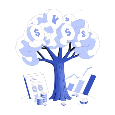 A large tree stands prominently in a financial landscape. Its trunk is thick and textured, supporting a canopy of leaves that are uniquely shaped like "ETF" symbols. The tree's branches stretch outward, showcasing a dense growth of these distinctive leaves. Surrounding the tree, there are various elements representing finance, such as stacks of coins and bar graphs in the background. The ground is dotted with small financial documents, and a subtle wind rustles the leaves, creating a dynamic environment that emphasizes the theme of finance.