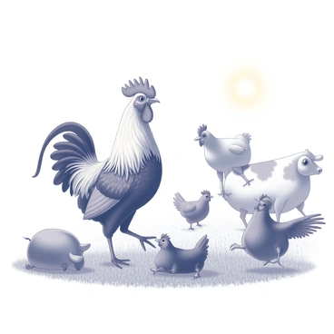A rooster with vibrant feathers is engaging in playful activities with various farm animals. Nearby, a cow is curiously observing, while a playful pig rolls in the grass. A group of chickens is gathered around, flapping their wings in excitement. In the background, a bright sun illuminates the scene, casting shadows on the green grass of the field. The animals display expressions of joy and curiosity as they interact with one another.