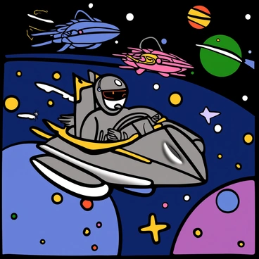 The Tin Man with metallic skin and a shiny exterior is piloting a sleek hovercraft designed for speed. The hovercraft has sharp angles and glowing neon lights, propelling through a vast expanse of space filled with colorful stars and distant planets. The Tin Man wears a futuristic helmet with a visor reflecting the cosmic scenery. His eyes are wide with determination as he navigates through the competition. Other hovercrafts zip by, each with unique designs, creating a sense of excitement and motion in the race.