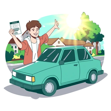 A teenager with short brown hair is standing next to their first car, a shiny teal compact vehicle. The teen is proudly holding up a freshly issued driver's license in their right hand, displaying it toward the viewer. The sun is shining, casting a warm glow on the scene. The car is parked on a residential street, with a few trees in the background, and the teenager has a big smile on their face, showcasing excitement and accomplishment.