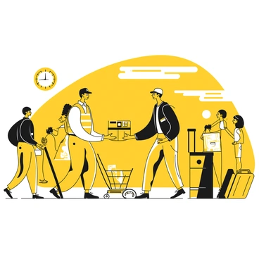 Two couriers are standing in a busy transportation hub, surrounded by various people and vehicles. One courier, wearing a yellow vest, hands over a package to the other courier, who is dressed in a black jacket. The scene features a backdrop of bustling activity, with people walking by, carrying bags and suitcases. There are delivery carts and bicycles in the vicinity. The lighting reflects a sense of urgency as the couriers engage in their exchange. A digital clock showing the time hangs prominently in the background.