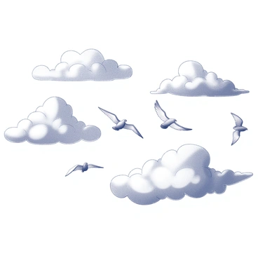 A sky filled with clouds shaped like "ahki" symbols. The clouds are puffy and varied in size, creating a dynamic visual impact. Several birds are flying in intricate patterns among the clouds. The birds are shown in various flight positions, some gliding smoothly while others are flapping their wings. The overall scene conveys a sense of movement and harmony in the sky.