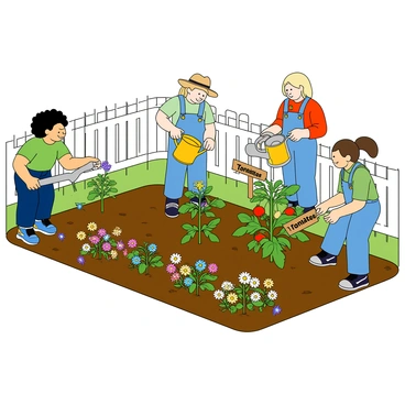 A group of four friends is gathered in a vibrant community garden. They are actively planting a variety of flowers and vegetables in neat rows. One friend, with curly black hair and wearing a green t-shirt, is digging a small hole in the soil with a spade. Another friend, sporting a sun hat and blue overalls, is placing colorful flower seedlings into the ground. A third friend, with short blonde hair, is holding a watering can and is about to pour water on a freshly planted tomato seedling. The fourth friend, with long brown hair in a ponytail, is carefully arranging a small garden sign that reads "Tomatoes" beside the plant. The garden is surrounded by a white picket fence, and there are butterflies fluttering around the blooming flowers.