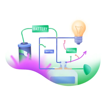A modern pastel illustration featuring a simplified diagram of an electrical circuit. The diagram includes a battery symbol, a resistor, and a light bulb, each clearly labeled with the corresponding text. Connecting lines illustrate the flow of electricity between the components, and the background is in a soft pastel color to enhance the visibility of the diagram. The labels are in a clear, easy-to-read font.