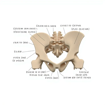 A detailed hand-drawn sketch of a female pelvis, showcasing the intricate structure. The bones are clearly defined, displaying the ilium, ischium, pubis, sacrum, and coccyx. Each anatomical part is labeled with precise annotations in clear handwriting. The sketch captures the curve and shape of the pelvis, emphasizing its anatomical correctness. The overall composition is educational, providing a comprehensive view of the female pelvic anatomy.