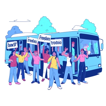 A group of diverse individuals stands in front of a blue bus, holding up signs that read "Freedom." The crowd features a mix of ages, ethnicities, and genders, all united in their message. Some participants have their fists raised, while others are smiling and waving. The bus is parked with its doors open, displaying passengers who are observing the protest. The background includes a sunny day with a clear sky, and a few trees lining the street.