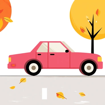 A car driving down a quiet road in the rain, with autumn leaves sticking to the wet pavement