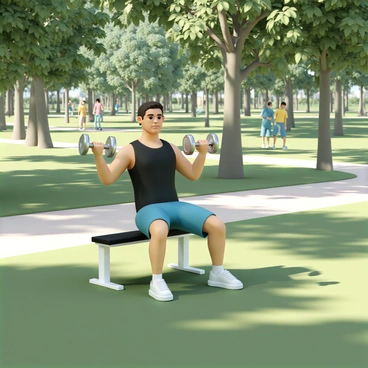 A fitness enthusiast, wearing a black tank top and blue shorts, is executing a dumbbell bench press on a portable bench. The individual has a focused expression while lifting two silver dumbbells. The park around them is filled with green grass and scattered trees, with sunlight filtering through the leaves, creating dappled light on the ground. In the background, there are a few people walking and enjoying the day, adding life to the park scene.