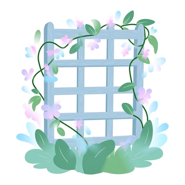 A delicate flowering vine with small, vibrant blossoms is climbing up a rustic garden trellis made of weathered wood. The trellis features an open lattice design, allowing the vine to weave in and out of the squares. Surrounding the trellis are lush green leaves interspersed among the colorful flowers. Soft sunlight filters through the leaves, casting gentle shadows on the trellis and highlighting the texture of the wood. The scene conveys a sense of growth and natural beauty in a garden setting.