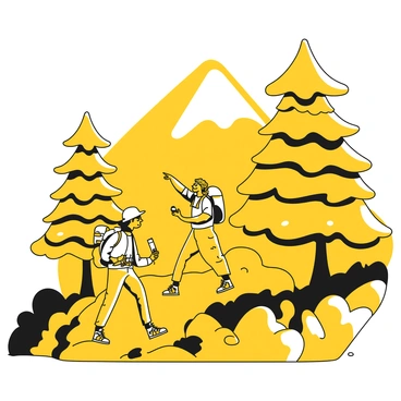 A group of three hikers navigating a rugged mountain trail. They are equipped with backpacks and wearing hiking boots. The first hiker, a man, leads the group, pointing ahead. The second hiker, a woman, is taking a sip from her water bottle. The third hiker, another man, is taking pictures with a camera. Tall pine trees stand on either side of the trail, their branches stretching out towards the sky. The rocky terrain is uneven and scattered with small boulders. A distant mountain peak looms in the background, partially covered in snow.