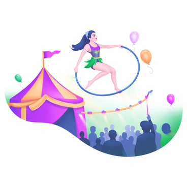 A circus performer, a woman wearing a colorful costume with sequins and feathers, is balancing on a hoop. The hoop is suspended high above the ground, showcasing her impressive acrobatic skills. Below her, a crowd of spectators watches in awe. The scene is set against a vibrant circus tent, decorated with stripes and bright colors. Balloons float in the air, and spotlights shine down on the performer, highlighting her focused expression.