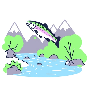 A rainbow trout is leaping out of a brisk mountain stream. The fish is captured mid-air, displaying its iridescent scales glistening in the reflected sunlight. Below, the stream's clear water is lively, with small waves and ripples surrounding it. Rocks and pebbles are visible at the bottom of the stream, and some greenery is present on the banks, adding to the natural setting. In the background, tall mountain peaks can be seen, framed by a clear sky.