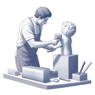 A sculptor is standing inside a studio, intently focused on carving a statue from a large block of stone. They hold a chisel in one hand and a mallet in the other, striking the chisel with precision. Sweat beads on their forehead, showcasing their concentration and effort. Tools are scattered around the workspace, including various chisels of different sizes and a dusty workbench. The statue begins to take form, highlighting the sculptor's skill and dedication.