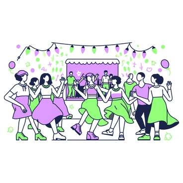 A lively festival scene unfolds on an A4 illustration board. In the foreground, a group of people is dancing joyfully, their movements full of energy. Each dancer is wearing colorful attire, with details such as flowing skirts and patterned shirts. Surrounding them are strings of lights hanging overhead, illuminating the space with a festive glow. In the background, a stage is set up, where a band is playing music, and there are spectators watching and clapping. Various decorations, such as banners and balloons, are scattered throughout the scene, adding to the celebratory atmosphere.
