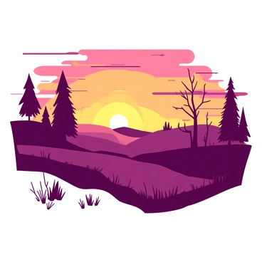 A vibrant sunset with a gradient of colors fills the sky over Quebec's countryside. The sun is positioned low on the horizon, casting warm yellow and orange hues. Silhouetted against the colorful sky are various trees with distinct branches and shapes, standing on rolling hills that create depth in the landscape. The hills are gently undulating, adding a sense of tranquility to the scene. The foreground features a few larger trees, while smaller shrubs and grasses are visible along the slopes, completing this picturesque rural setting.