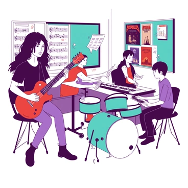 A group of students is gathered in a bright classroom, each engaged with different instruments while learning to play "Metallica" songs. In the foreground, a girl with long black hair is focused on strumming a red electric guitar. Beside her, a boy is seated at a teal drum set, energetically hitting the drums in rhythm. In the back, a student is practicing on a white keyboard, glancing at sheet music displaying "Metallica" notes. Posters of various "Metallica" album covers adorn the walls, adding a vibrant touch to the atmosphere. The students are wearing casual clothing, and a sense of enthusiasm fills the room as they share tips and cheer each other on.