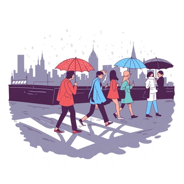 A group of people holding colorful umbrellas is crossing a rain-soaked London Bridge. The umbrellas are open, showcasing various patterns and colors, including a red polka-dotted one and a blue striped design. The ground is glistening with reflections of the umbrellas and the gray sky overhead. In the background, the iconic silhouette of the city skyline can be seen, partially shrouded in mist. A few raindrops are visibly falling, adding to the atmosphere of the rainy day.