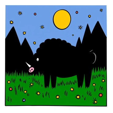 A wild boar with dark, bristly fur stands in a moonlit meadow. The moonlight bathes the scene in a soft glow, highlighting the boar's muscular build and sharp tusks. Around the boar, numerous fireflies flicker their yellow lights, creating a magical atmosphere. The meadow is lush with tall grass and wildflowers, gently swaying in a light breeze. In the background, the silhouettes of trees frame the scene, adding depth to the tranquil night ambiance.