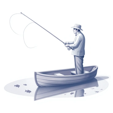 A fisherman stands on a small wooden boat, poised to cast a fishing line into a tranquil lake. The fisherman is wearing a wide-brimmed hat and has a focused expression. The boat gently rocks on the water's surface. The lake reflects the surrounding landscape, creating a shimmering effect. In the water, fish can be seen swimming just below the surface, their shapes suggesting they are symbols of wishes. The scene captures a moment of concentration and connection with nature.