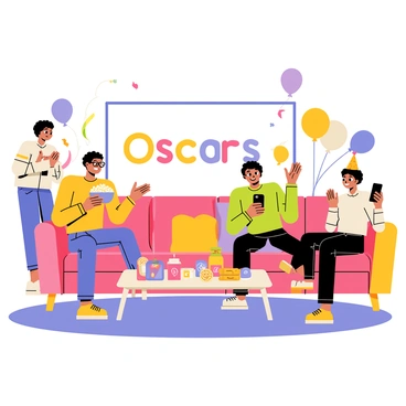 A group of four friends is sitting on a colorful couch in a cozy living room, all focused on a large flat-screen TV that displays the "Oscar" logo in vibrant colors. One friend, wearing glasses, is standing up with a popcorn bowl in hand, while another friend, clad in a festive party hat, is holding a drink. The third friend is clapping enthusiastically, and the fourth friend is taking pictures with a smartphone. Decorations like balloons and streamers in the background add to the celebratory atmosphere, while snacks and drinks are scattered on a small table in front of them.