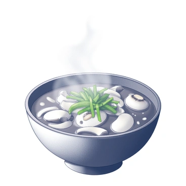 A bowl made of ceramic holds a steaming soup filled with shiitake mushrooms. The broth has a rich texture and is accompanied by various sliced mushrooms, creating depth and detail. On top, there is a generous garnish of finely chopped green onions. The steam rises from the bowl, creating a dynamic effect that captures the warmth of the soup. The overall composition showcases the inviting nature of the dish with a focus on the textures of the mushrooms and the vibrant green of the onions.
